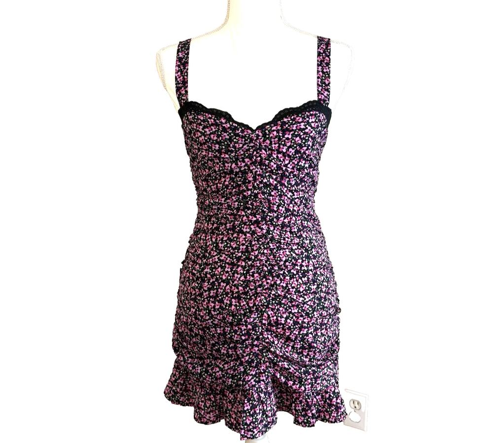 Sky to Moon Womens Dress Black Floral Ruched Ruffle Femine Summer, Size M